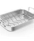 15.6 Inch Nonstick Stainless Steel Roasting Pan With V Shaped Rack, Rectangular Lasagna Bake Pan With Handles, Heavy Duty And Dishwasher Safe