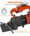 Powerful 1250W Electric Hydraulic Rebar Cutter With Pure Copper Motor And Stainless Carry Case Cuts Up To 4-20Mm Steel Fast In 3.5 Secs Easy One Button Operation shown cutting rebar.