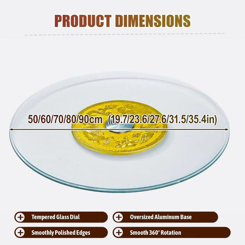 Heavy Duty Tempered Glass 360 Degree Turntable For Dining Tables with dimensions and features shown.