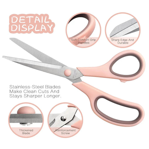8.5 Inch Pastel Scissors Three Pack Heavy Duty Stainless Steel With Soft Grip Ergonomic Handles Left Or Right Hand Friendly Ultra Sharp Cutters For Crafting School Projects And Office Use pink-handled scissors detail display