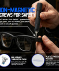 Top Shelf Screwdriver Kit Featuring NonMagnetic Screws And Precision Bits For RayBan Meta And Oakley Meta Smart Glasses, showcasing use on glasses.