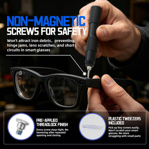 Top Shelf Screwdriver Kit Featuring NonMagnetic Screws And Precision Bits For RayBan Meta And Oakley Meta Smart Glasses, showcasing use on glasses.