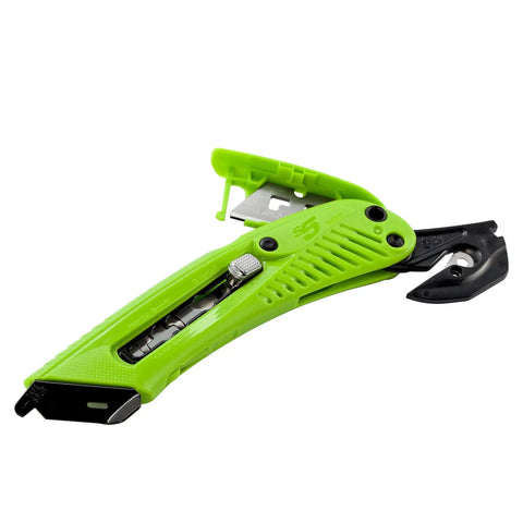 Heavy Duty Box Cutter Utility Knife With Tape Splitter And Film Cutter, green handle with 3-position retractable blade