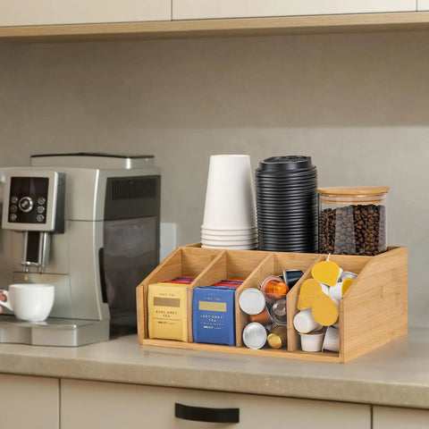 Bamboo Coffee Station Organizer With Clear Acrylic Tray Five Compartment Design For Tea Bags Condiments Pods Creamer Syrup And Cups