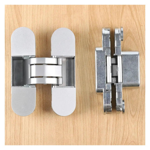 2.0 Adjustable Concealed Hinge For Internal Flush Doors With 40Kg And 60Kg Capacity, shown open and side view on wood surface.