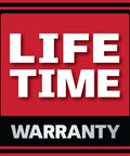 Lifetime warranty badge with red background, black border and white text