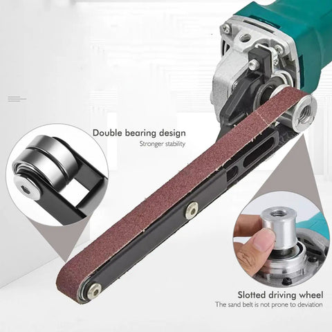 Quick Swap Angle Grinder To Belt Sander Converter Kit Heavy Duty Sanding Adapter showcasing double bearing and slotted wheel for 4 and 5 inch grinders.