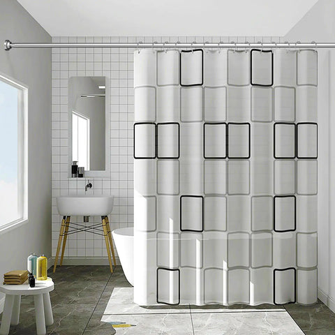 Adjustable Stainless Steel Shower Curtain Rod 1 Inch Diameter Extends From 50 To 86 Inches, Spring Tension Design installed in bathroom