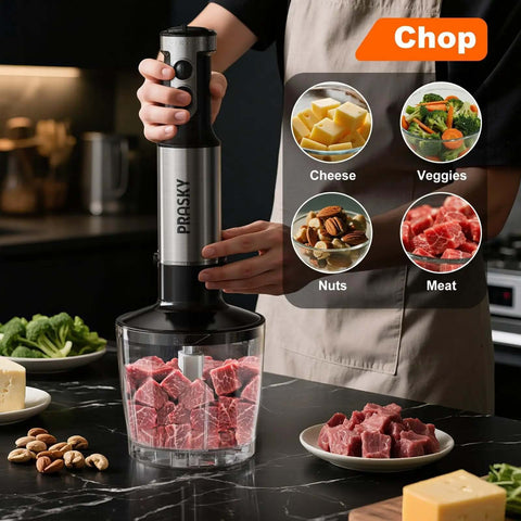 Badass Heavy Duty Immersion Blender With 20 Speed And Turbo Boost Copper Motor Handheld Kitchen Mixer Stainless Steel Blades Milk Frother Whisk Mini Chopper Real Game Changer For Creamy Smoothies And Soups Black in use for chopping meat and vegetables.