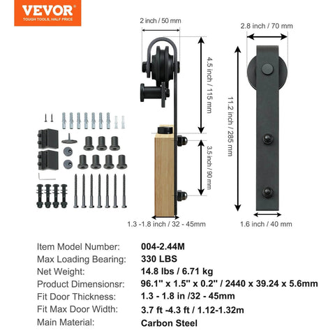 Eight Foot Sliding Barn Door Hardware Kit With 330 Lbs Capacity For A Single Door Fits 3.7 To 4.3 Feet Wide And 1.3 To 1.8 Inches Thick Panels