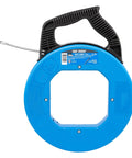 Sturdy 100 ft Stainless Steel Fish Tape With Metal Eyelet Tuff Grip Pro Case, blue casing, black handle, visible metal eyelet