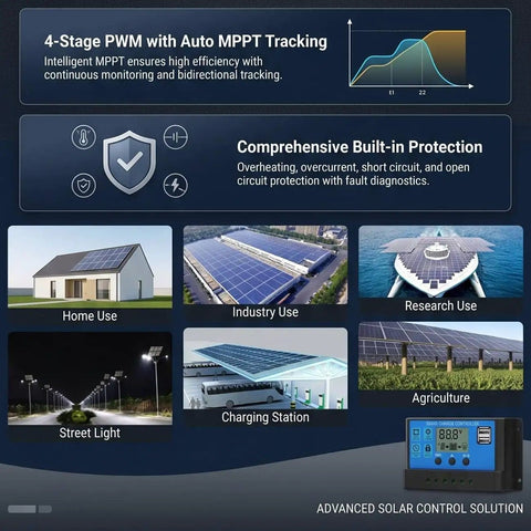 Infographic showing Powerful 12V 24V PWM Solar Controller With LCD Display and applications for home, industry, research, and more.