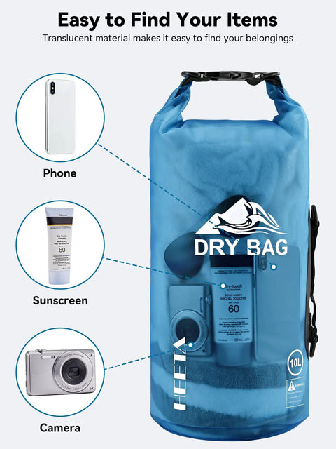 Waterproof Dry Bag Roll-Top Backpack for Travel and Water Sports, Ultra Lightweight 5L with Phone Case in Transparent Blue showing contents