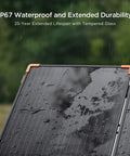 200W Portable Solar Panel With Tempered Glass showing water droplets highlighting IP67 waterproof durability.