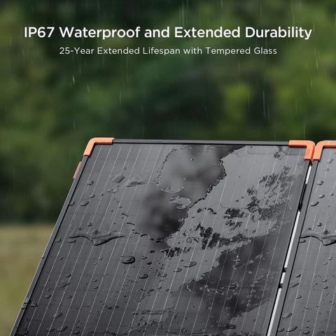 200W Portable Solar Panel With Tempered Glass showing water droplets highlighting IP67 waterproof durability.