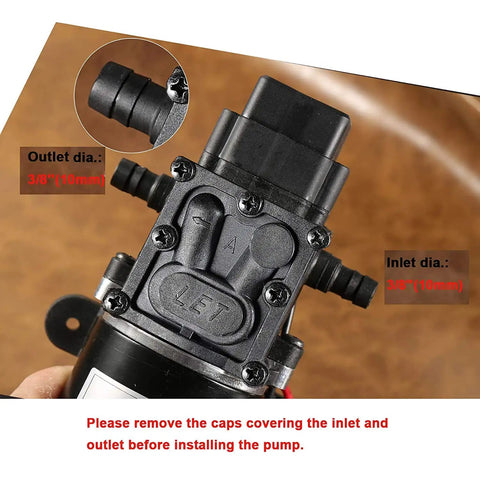 12V Diaphragm Water Pump 1.5 GPM At 100 PSI Self Priming DC Fresh Water Pump for RV Camper Boat with inlet and outlet dia details