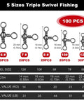 100 Piece Drift Team Approved Three Way Fishing Swivels sizes 6 to 12, black nickel stainless steel connectors for catfish and walleye.