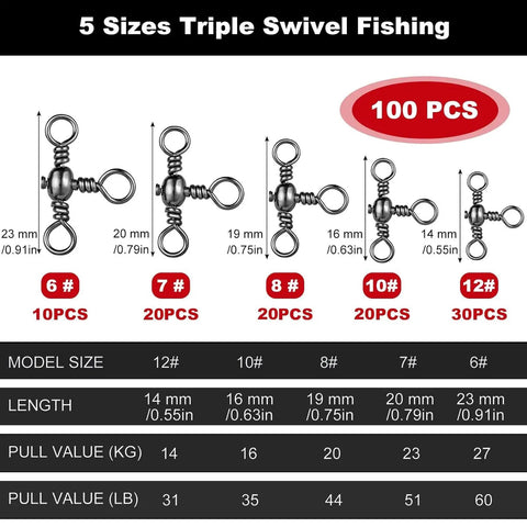 100 Piece Drift Team Approved Three Way Fishing Swivels sizes 6 to 12, black nickel stainless steel connectors for catfish and walleye.
