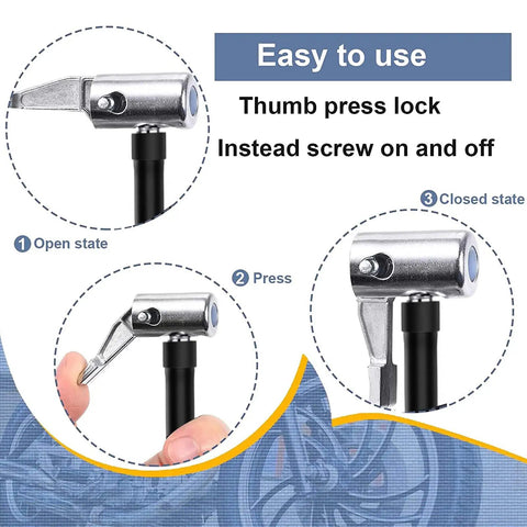 Heavy Duty Air Inflator Hose Adapter Converting Twist On Valve To Lock On Tire Chuck Connector with thumb press lock system.