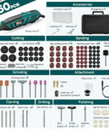 Rotary tool kit NEU MASTER 180W in teal-green with black grip, 160 accessories and storage case