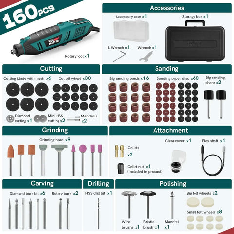 Rotary tool kit NEU MASTER 180W in teal-green with black grip, 160 accessories and storage case