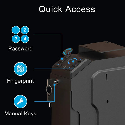 Three Way Access Biometric Gun Safe For Handgun With Fingerprint Recognition PIN Code And Key Backup interface display