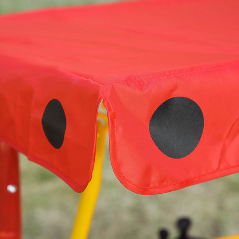 Ladybug pattern on red canopy of Kids Patio Swing Bench With Adjustable Canopy And Safety Belt 2-Seater Outdoor Swing Chair