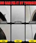 Before and after use of Hyundai Serenity White Pearl W6H Touch Up Paint Kit With 2 In 1 Scratch Remover Pen on car scratches.