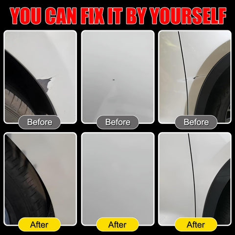 Before and after use of Hyundai Serenity White Pearl W6H Touch Up Paint Kit With 2 In 1 Scratch Remover Pen on car scratches.
