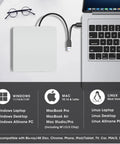 Plug And Play External CD DVD Drive For Mac And Laptop With USB Three Point Zero And USB C No Driver Required Slim White Optical Drive For PC And MacBook Ready Out Of The Box, white USB drive connected to MacBook