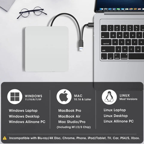 Plug And Play External CD DVD Drive For Mac And Laptop With USB Three Point Zero And USB C No Driver Required Slim White Optical Drive For PC And MacBook Ready Out Of The Box, white USB drive connected to MacBook