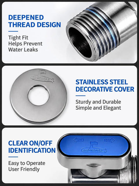 Fresh 1/2 Inch Turn Angle Stop Valve With Blue Handle Solid Brass Body Chrome Plated Finish Kick Butt High Flow Shut Off Connector demonstrating deepened thread design and stainless steel cover.