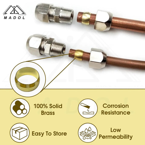Brass compression fitting with ferrule sleeve for 5/8 inch copper tube; solid brass, corrosion resistant — close-up view