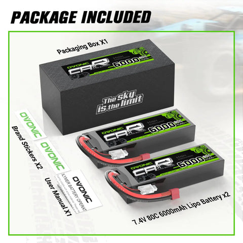 Package of 6000mAh 80C 2S 7.4V LiPo Battery Hardcase With Dean Style T Connector, brand stickers, and manual for RC models.