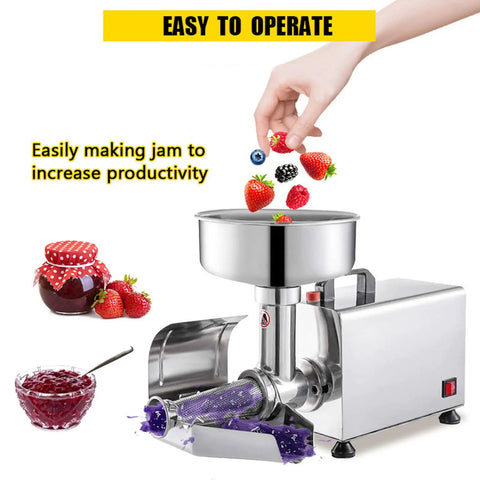 Top Shelf Commercial 450W Tomato Strainer Machine Crafted From Heavy Duty 304 Stainless Steel For Effortless Processing Of Juicy Sauves Soups And Rich Purees This Durable Vegetable Food Mill Press Is A Total Game Changer For Your Kitchen Setup, with berries being processed into jam.