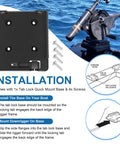 Tab Lock Quick Mount Base for Downriggers installation guide with bracket and screws showing fitting for boat use.
