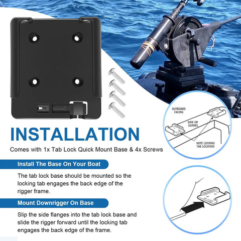 Tab Lock Quick Mount Base for Downriggers installation guide with bracket and screws showing fitting for boat use.