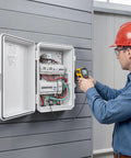 Tough-As-Nails Outdoor Electrical Box With ABS Housing Waterproof IP65 Enclosure Built-In Thermostat And Cooling Fan Ventilated Junction Box With Mounting Plate And Cable Grommets For Indoor And Outdoor Use, wall-mounted with technician testing wiring