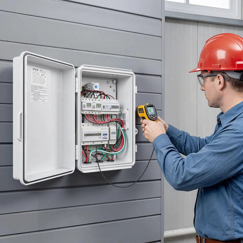 Tough-As-Nails Outdoor Electrical Box With ABS Housing Waterproof IP65 Enclosure Built-In Thermostat And Cooling Fan Ventilated Junction Box With Mounting Plate And Cable Grommets For Indoor And Outdoor Use, wall-mounted with technician testing wiring