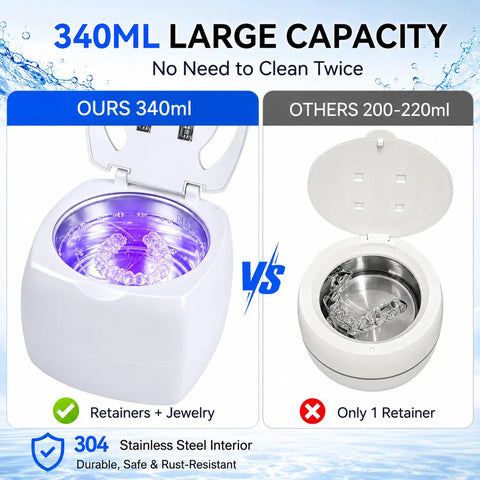 Comparison of Ultrasonic Cleaner for Retainers and Dentures with 340ml Tank against smaller model showcasing size and capacity.