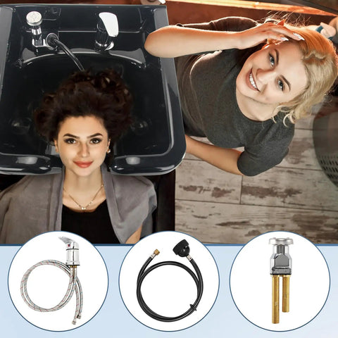 Pro Grade Shampoo Bowl Faucet Kit With Vacuum Breaker, Hose And Sprayer displayed at a salon sink setup
