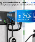 Smart 240V EV And Dryer Splitter With Auto Power Switch, LCD display showing 24A, 240V data, multiple cables connected.