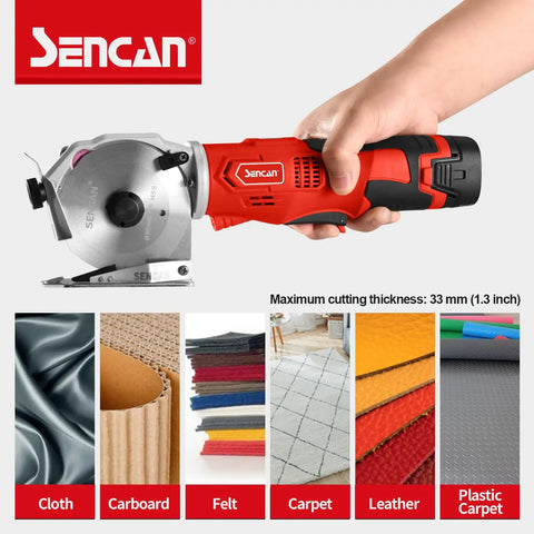 Sencan Cordless Electric Rotary Shear Cutter, 14.4V rechargeable fabric scissors in hand, cutting through textiles and carpet.