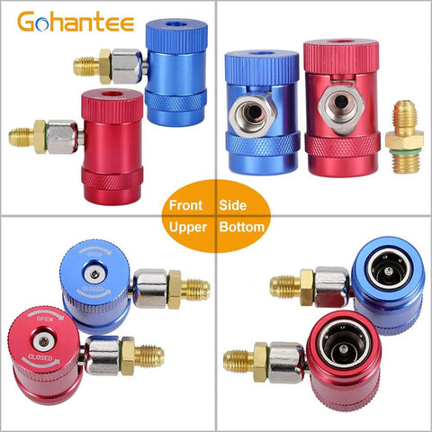 Set of four R1234yf quick coupler adapters in red and blue aluminum with brass fittings for 1/4in refrigerant hoses.