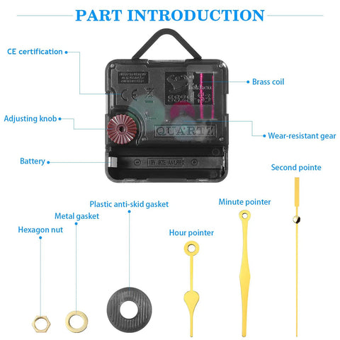 Silent Quartz Clock Movement Replacement Kit With Gold Hands For Wall Clocks Battery Operated DIY Repair Parts Includes Hour Minute And Second Hands Gaskets Nut And Plug And Play Install 11mm Thread Length diagram