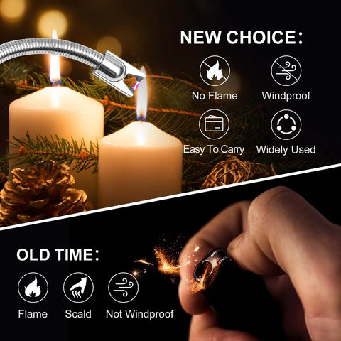 Two Pack Plasma Arc Electric Candle Lighters USB showing windproof feature next to lit candles and old lighter