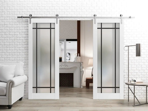 Durable Double Barn Door With Frosted Glass For Modern Interiors 84 By 96 Inches Two Panels Silver Rail System With Heavy Duty Hangers Floor Guide Ready To Install Sliding Door For Home Or Office
