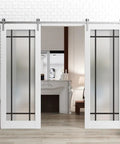 Slick Sliding Double Barn Doors Featuring Frosted Glass Panels And Rugged Stainless Steel Rail Kit in modern living room.