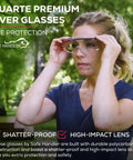 Top Shelf Anti Fog Safety Glasses Over Eyeglasses Clear Impact Resistant Polycarbonate Lenses worn outdoors, providing eye protection.