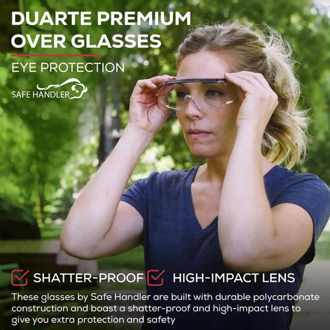 Top Shelf Anti Fog Safety Glasses Over Eyeglasses Clear Impact Resistant Polycarbonate Lenses worn outdoors, providing eye protection.